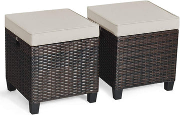 2 Pieces Outdoor Patio Ottoman, All Weather Rattan Wicker Ottoman Seat, Patio Rattan Furniture, Outdoor Footstool