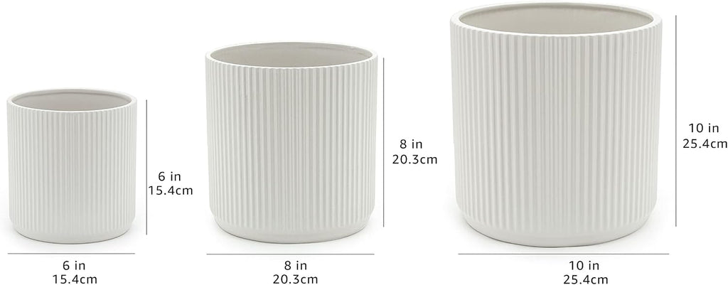 Fluted Ceramic Planters for Indoor Outdoor Plants, Round Flower Pots with Drainage Hole, Set of 3, 6 inch, 8 inch, 10