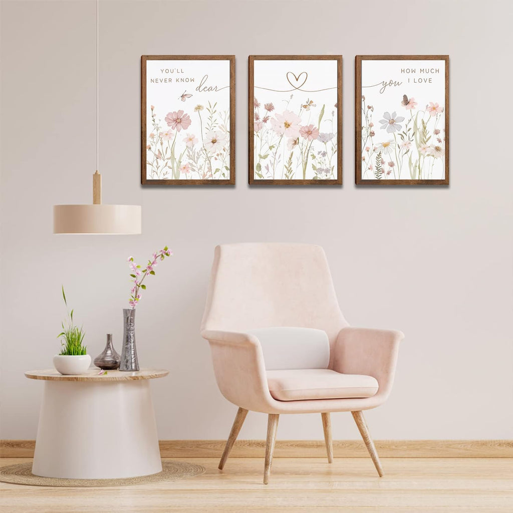 Rustic Floral Wall Art Set of 3, Watercolor Wildflower Prints with Heart Line and Inspirational Quotes Neutral