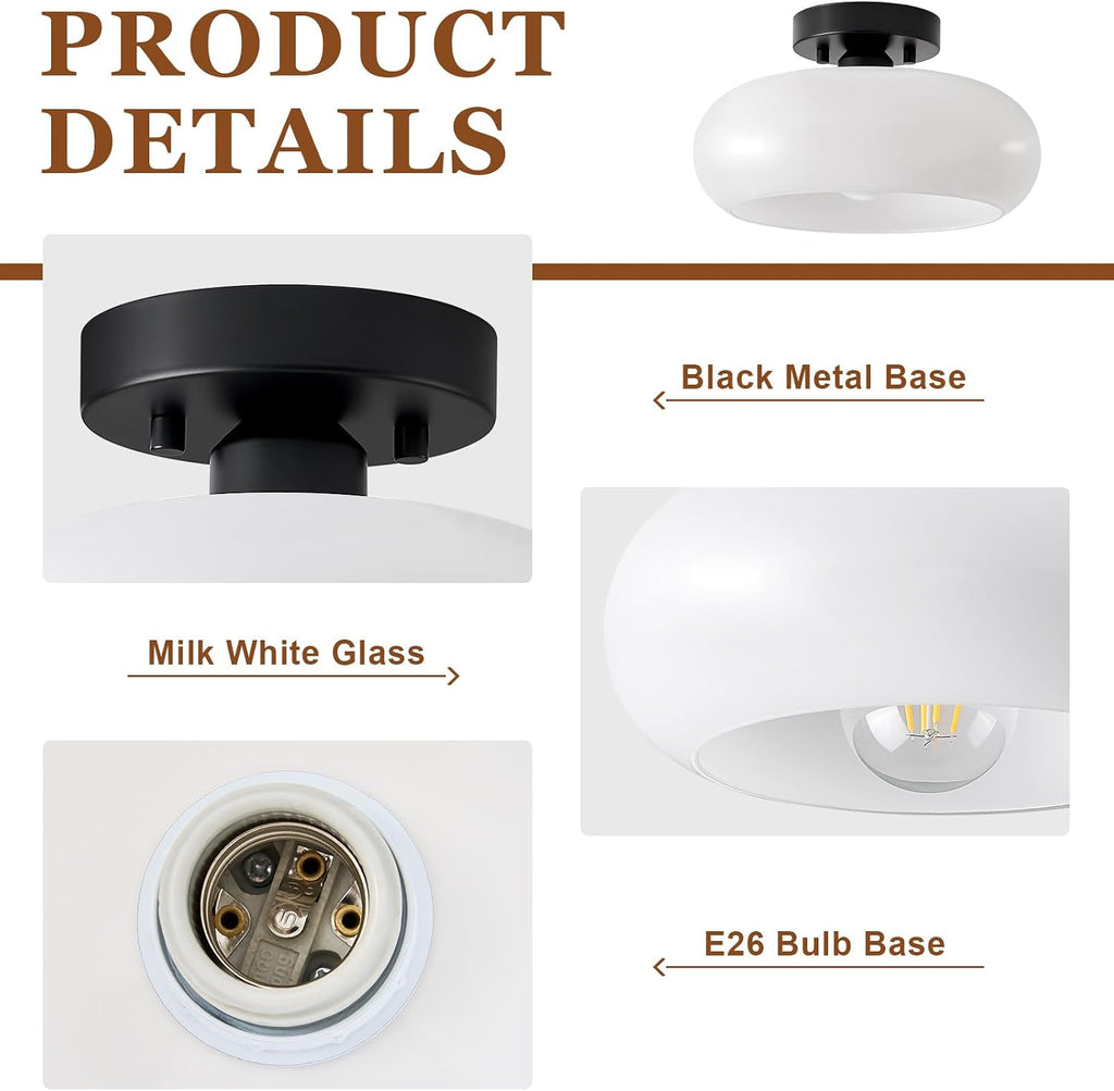 Mid-Century Modern Black Semi Flush Ceiling Light 11.0 Inch | Small White Glass Shade Close to Ceiling Lighting