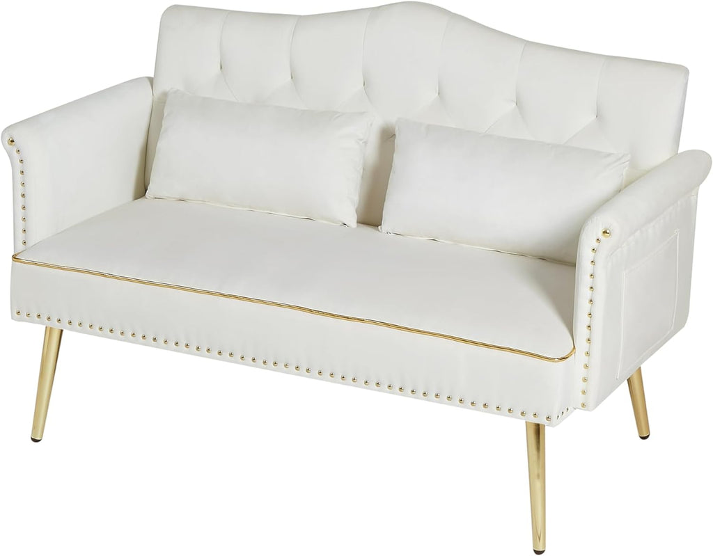 55 Inch Beige Velvet Loveseat Sofa with Gold Metal Legs & Side Pockets, Tufted Backrest
