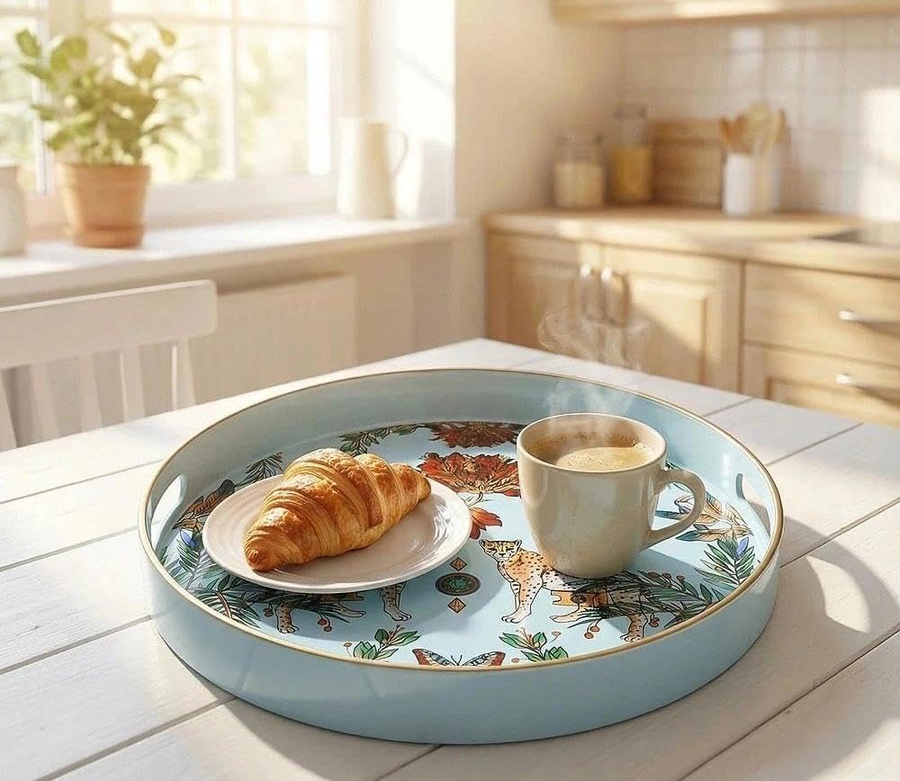 Round Decorative Tray, Marbling Plastic with Handles, Modern Vanity and Serving for Ottoman, Coffee Table, Kitchen