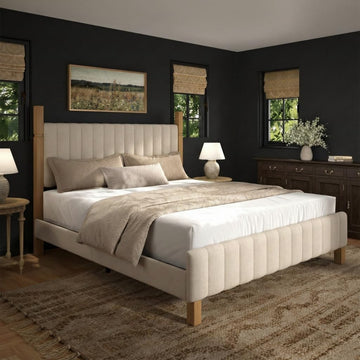 Queen Bed Frame with Headboard, Solid Wood Bed Frame Queen, Platform Bedframe Noise Free, No Box Spring Needed, Beige