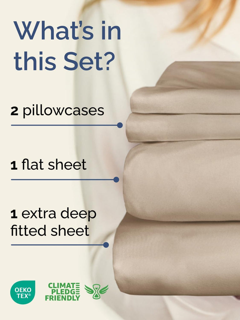 Extra Deep Twin Sheet Set - 4 Piece Breathable and Cooling Sheets - Wheat
