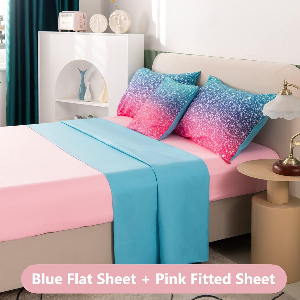 Girls Bedding Set 6 Piece Blue Pink Comforter Set Kids Bed in A Bag Colorful Rainbow Glitter Bed Set Decoration
