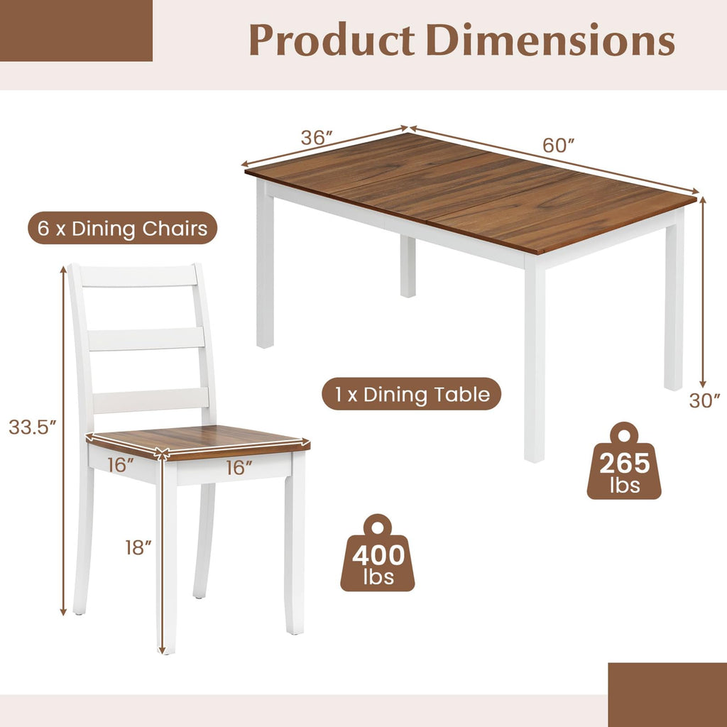 7-Piece Dining Table Set for 6, Rectangular 60-inches Kitchen Table and 6 Dining Chairs with Rubber Wood Legs