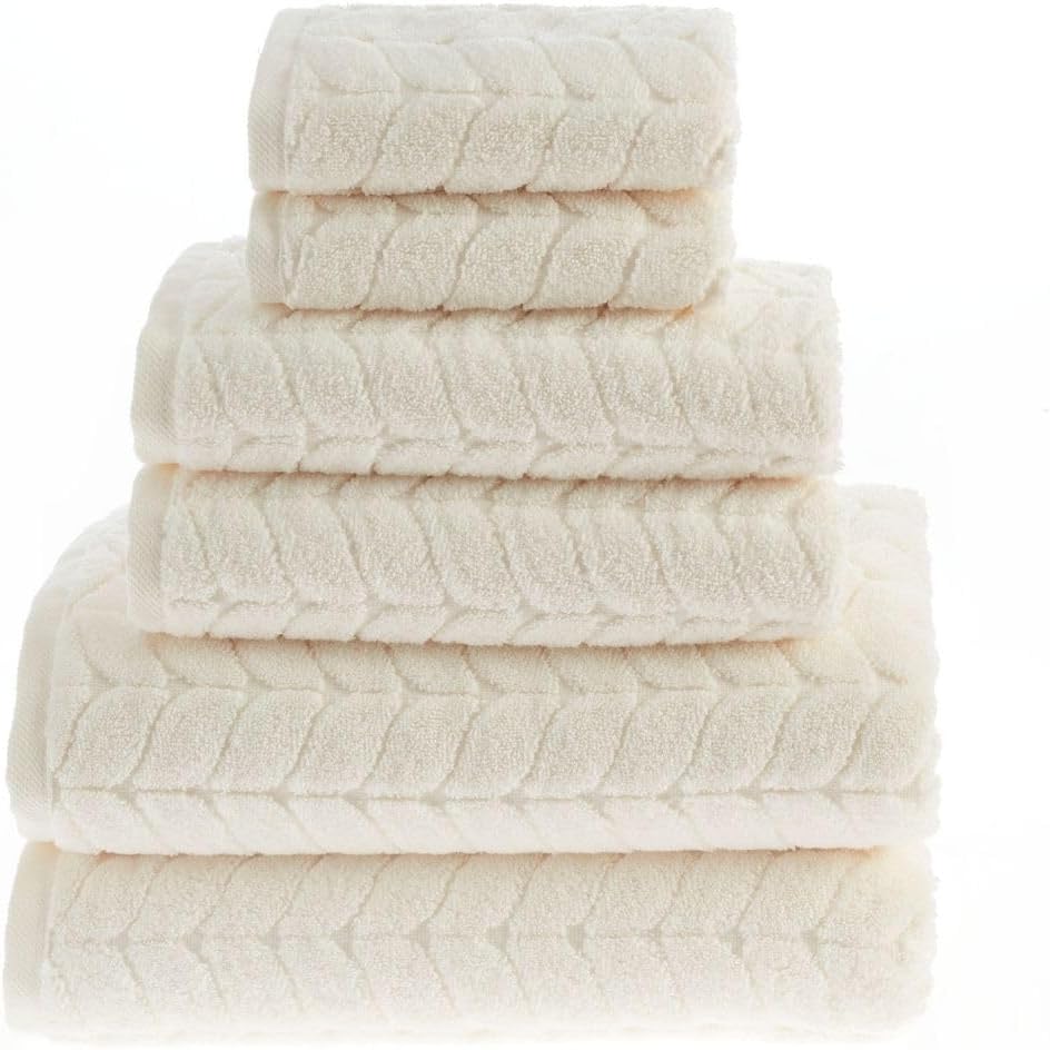 Turkish Cotton Bath Towels, Hand Towels - Soft Plush Jacquard Collection - Highly Absorbent Towel Set (Cream, 6 pcs