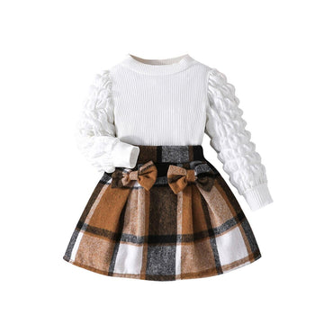 Toddler Girls Plaid Outfits Girls Puff Sleeve Knit Ribbed Shirt Tops Plaid Skirt Set Kids Fall Winter