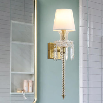 Modern Crystal Wall Sconce with Linen Shade Vintage Crystal Gold Wall Light Modern Glass Golden Wall Lamp for Bedroom, Hallway, Living Room, Mirror