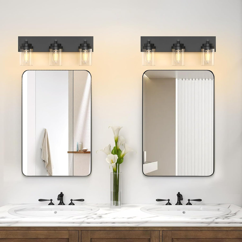 Bathroom Vanity Light Fixture, 3-Light 22 Inch Matte Black Bathroom Light Fixtures Over Mirror, with Clear Glass