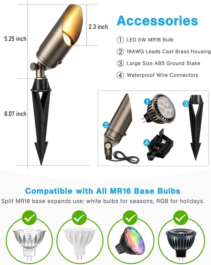 Solid Brass Outdoor Landscape Spotlights, 12V Heavy Duty Low Voltage Landscape Lighting, LED Spot Light Fixture