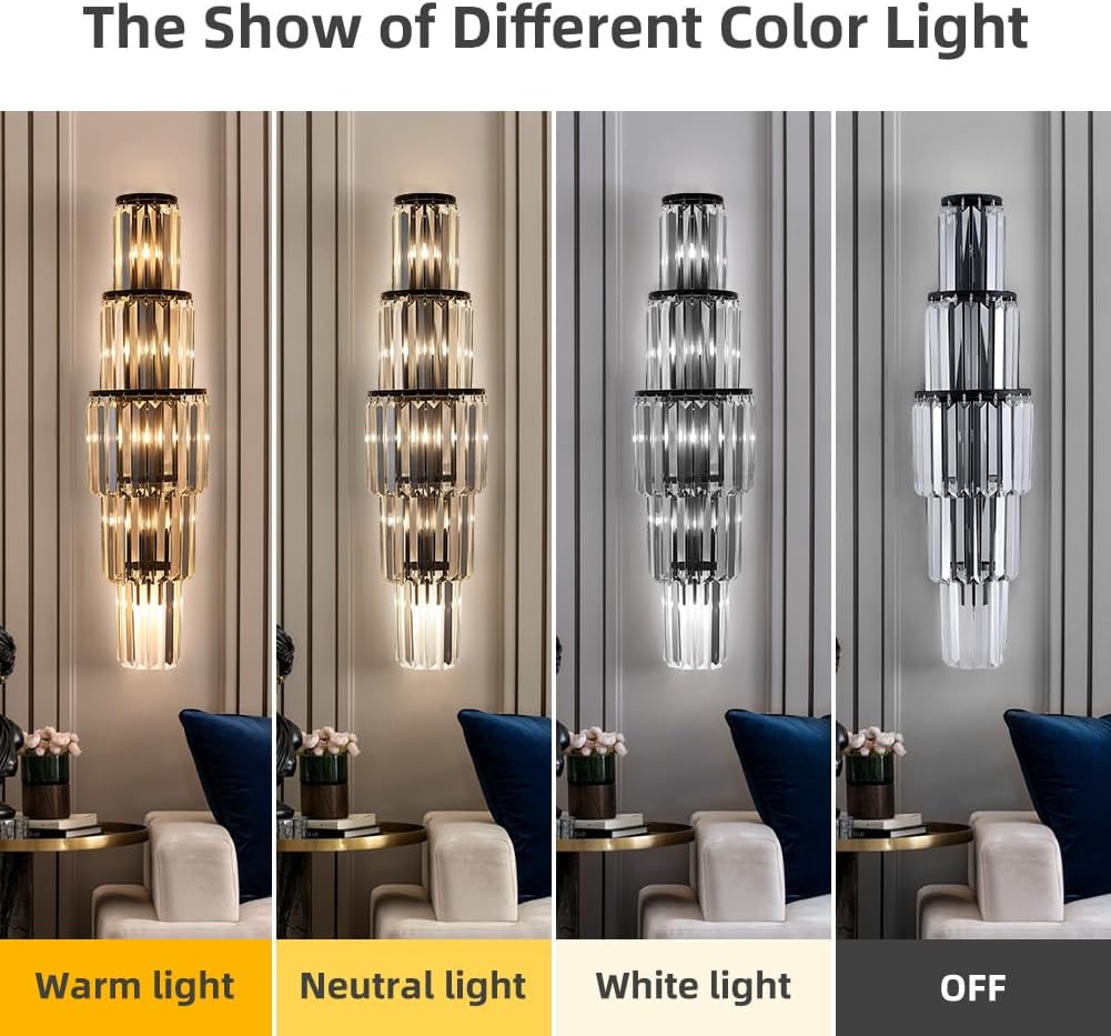 29.5 inch Modern Wall Sconce Crystal Vanity Wall Sconce Lighting 5-Light Black Wall Light Fixtures for Bedroom Living