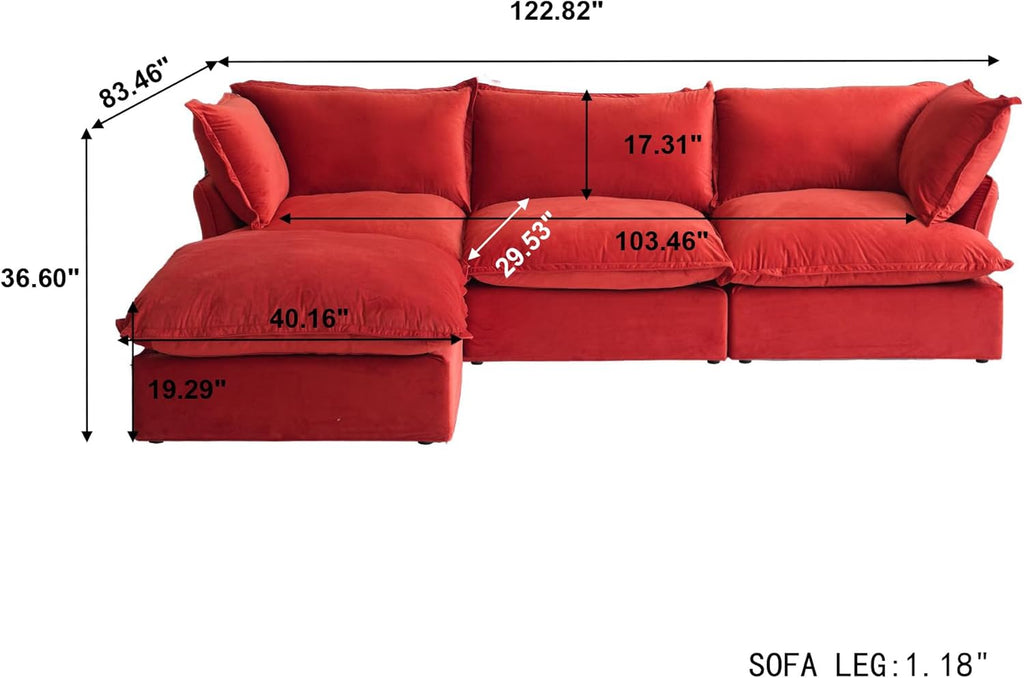 L-Shaped Modular Couches, Deep Seat Sectional Couch with Chaise Ottoman, Modern Comfy Cloud Sectional Sofas, Cushion Covers Removable, Two Corners and A Middle Sofa for Living Room (Red)