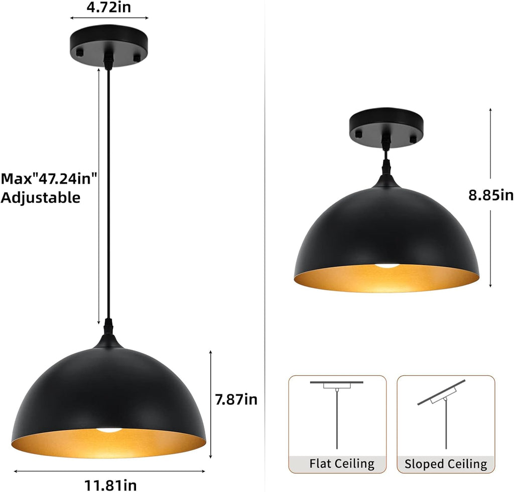 Farmhouse Pendant Lighting for Kitchen Island,Black and Gold Dome Pendant Light Fixtures, Industrial Hanging Ceiling