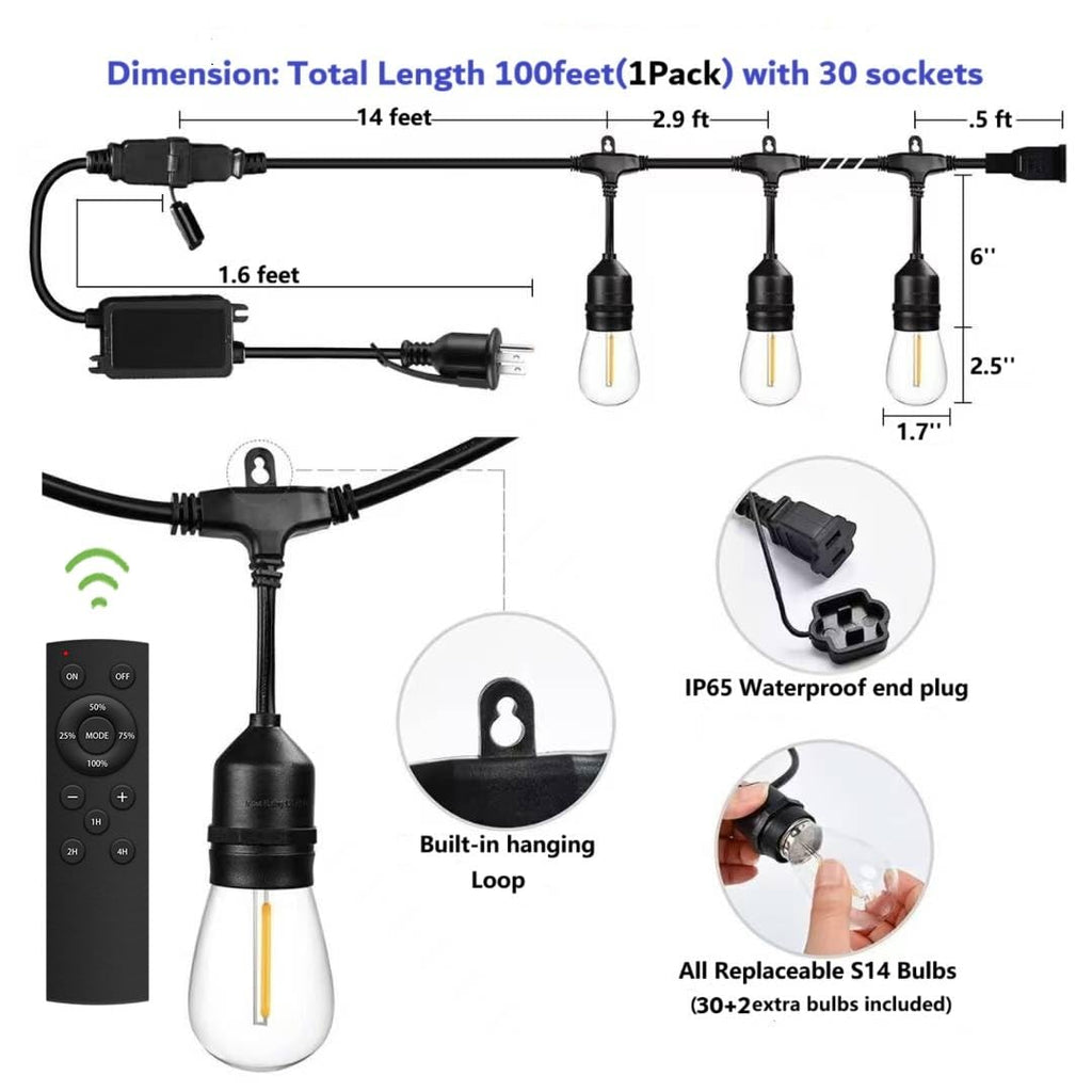Outdoor String Lights Remote Control Patio Lights Waterproof Commercial Grade, 30+2 Replaceable Dimmable Edison