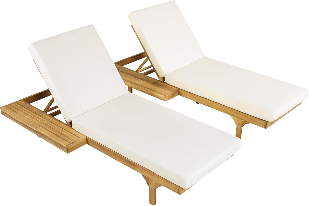 Acacia Wood Chaise Lounge Chair Set of 2, Double/Single Outdoor Sunbathing Pool Lounger with 4'' Cushion, Patio