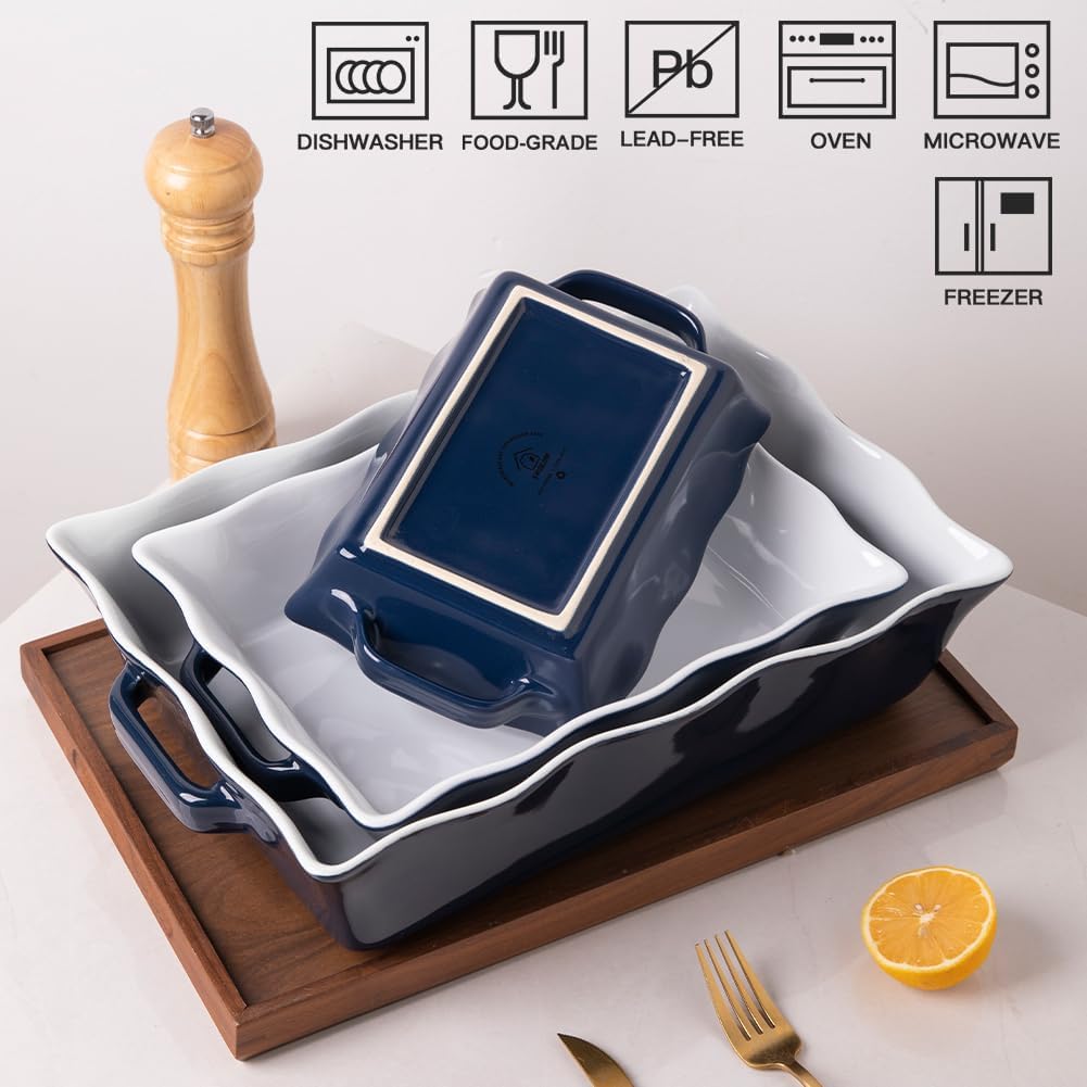 Casserole Dishes for Oven, Ceramic Bakeware Set of 3, Rectangular dish with Handles, Wave Edge Lasagna Pan Deep for