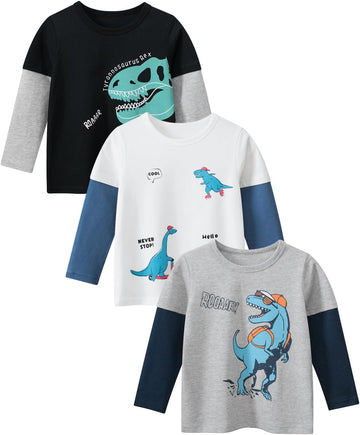 Toddler Boys Long Sleeve Dinosaur Shirts Kids Cotton Tees