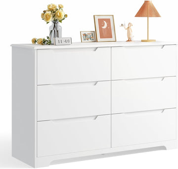6 Drawer Double Dresser with Anti-Tip Design, White | Modern Wide Wooden Chest of Drawers with Cut-Out Handles