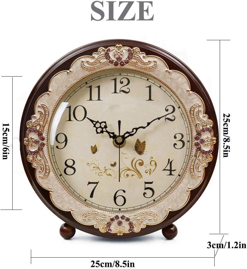 Vintage Table Clock, Retro Non-Ticking European Style Beside Desk Clock Battery Operated Silent Quartz Movement
