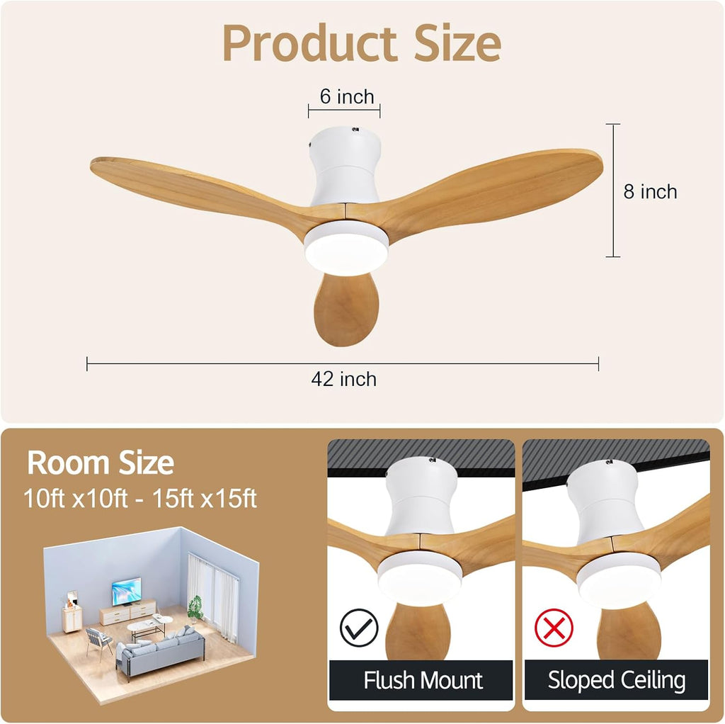 42 Inch Inspired Maverick Style Low Profile Smart Ceiling Hugger Fan with LED Light & Remote - Flush Mount, Solid Wood Blades, 6-Speed - White