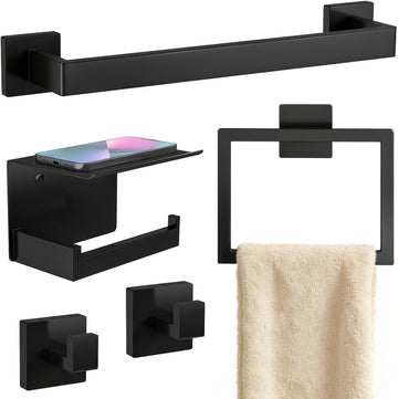 5-Piece Matte Black Bathroom Accessories Hardware Set | Stainless Steel Towel Racks , 16 Inch Bath Towel Bar Set Wall