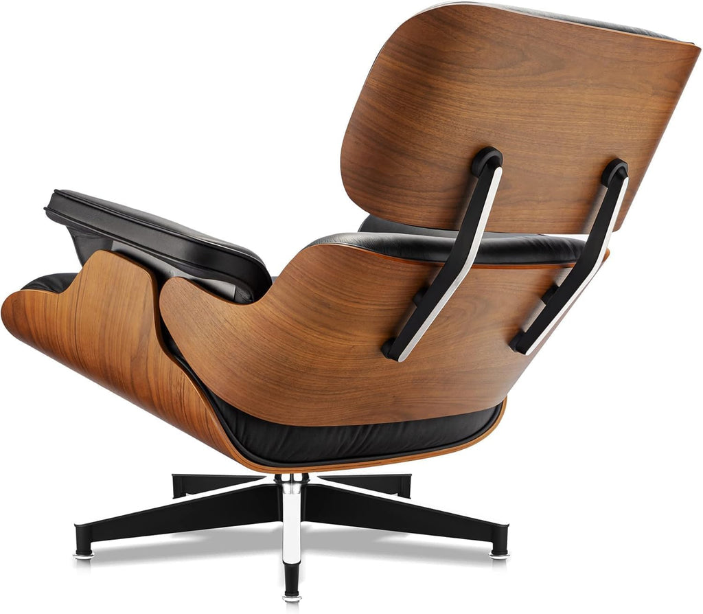 Mid-Century Modern Lounge Chair & Ottoman — Black Bonded Grain Leather, Light Walnut Base, Extended Chaise