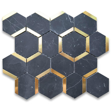 Nero Marquina Black Marble 3 inch Hexagon Mosaic Tile w/Brass Strips Honed Kitchen Bath Wall Floor Backsplash Shower