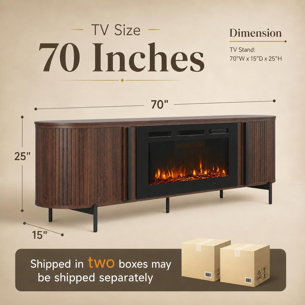 Fluted Fireplace TV Stand, 70 inch, Brown