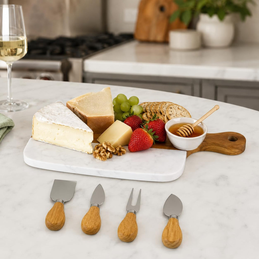 Marble Cheese Board Set - 10 Pack Wood Charcuterie Platter with Knives