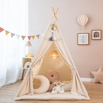 Teepee Tent for Kids with Padded Mat Foldable Tone Play Tents for Girl and Boy Canvas Tepee Playhouse for Child
