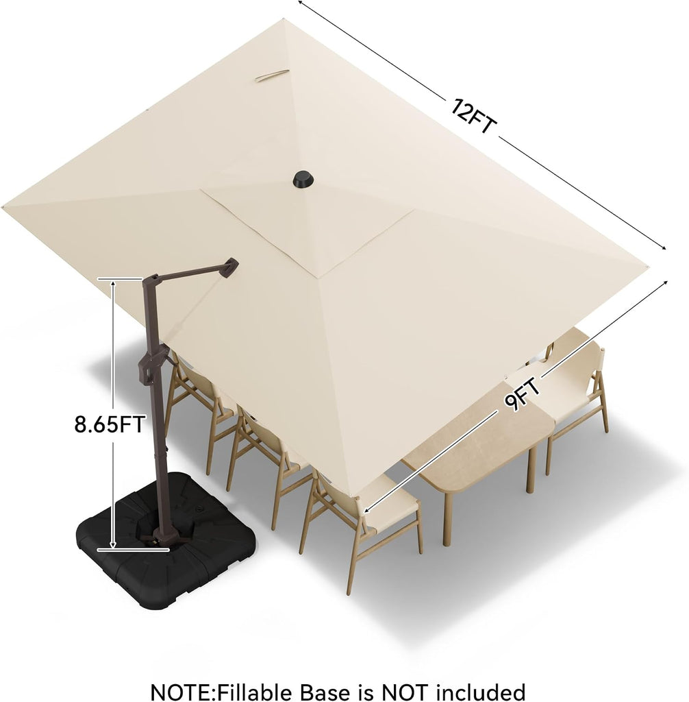 9x12 FT Cantilever Patio Umbrella with Base, Large Rectangular Offset Outdoor Umbrella with 360° Rotation