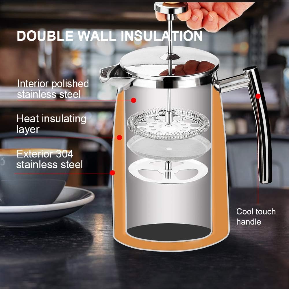 French Press Coffee Maker, 50-Ounce, 304 Stainless Steel Insulated Coffee Press with Extra Screen