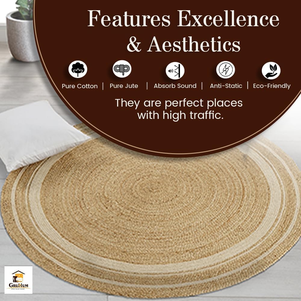 6' ft Round Jute Cotton Area Rug - Natural Fiber Handmade Boho Charm Farmhouse Jute Area Rug Soft Br