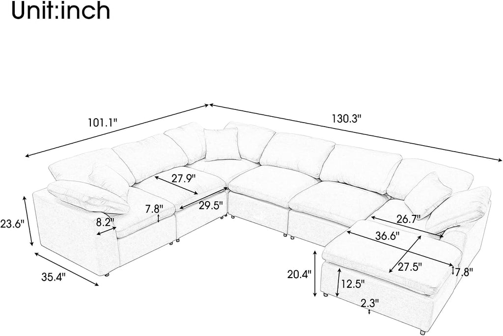 130.3" Oversized Modular Sectional Cloud Sofa Couch, Dark Grey | cloud soft, 7 seater, removable ottoman, easy