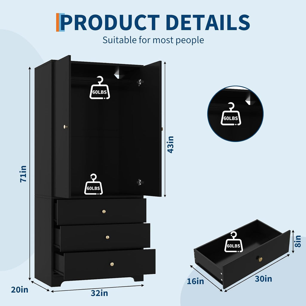 71" Armoire Wardrobe Closet, Bedroom Armoire Clothing Storage Cabinet | 3 Drawers & 2 Doors and Adjustable Shelves