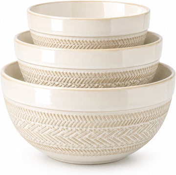 Ceramic Mixing Bowls Set of 3, 32/78/135 oz, Embossed Stoneware | Beige Nesting Serving Bowls for Baking, Cooking