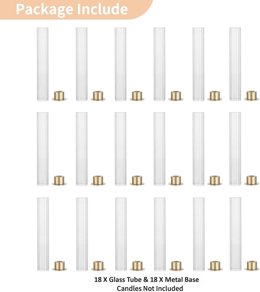 Hurricane Glass Candle Holders: Set of 18 Gold Taper Holders Bulk with Fluted Sleeves - Brass Candlestick Holders for
