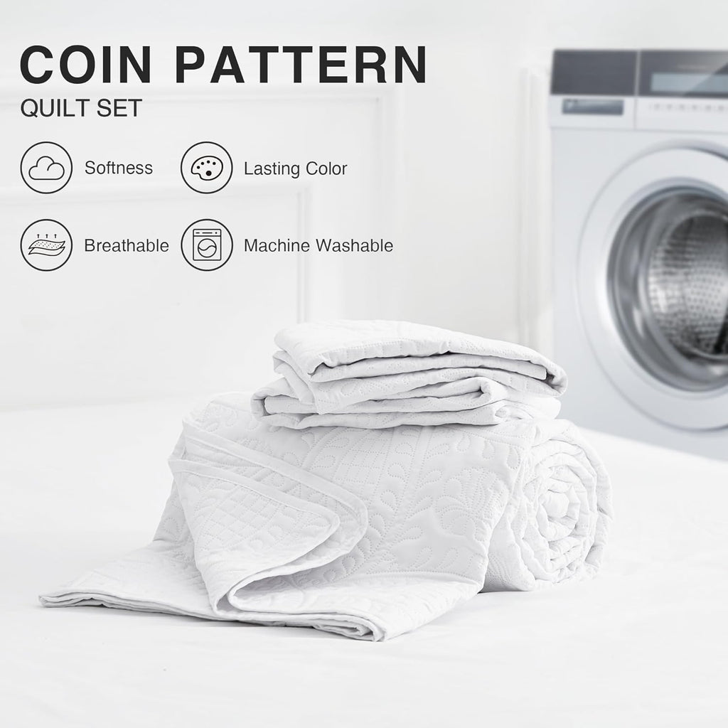 King Quilt Set White Bedspreads - Soft Bed Summer Lightweight Bedspread Comforter - Modern Style Coin Pattern - Set of 3