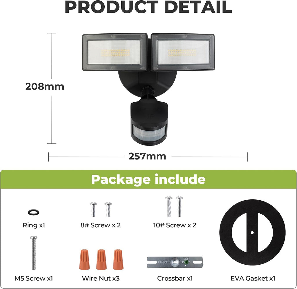 LED Motion Sensor Outdoor Lights, 38W 4000LM 5000K Daylight, IP65 Waterproof Flood Light, 2 Head Dusk to Dawn Motion