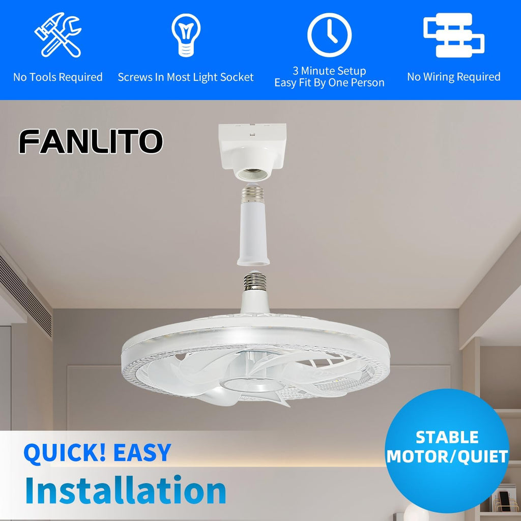 Light Socket Fan with Remote 12”, Screw in Socket Fan Light with Dimmable Brightness and Color Temp, Socket Modern Flush Mount Low Profile Ceiling Fan for Bedroom, Small Living Room, Kitchen