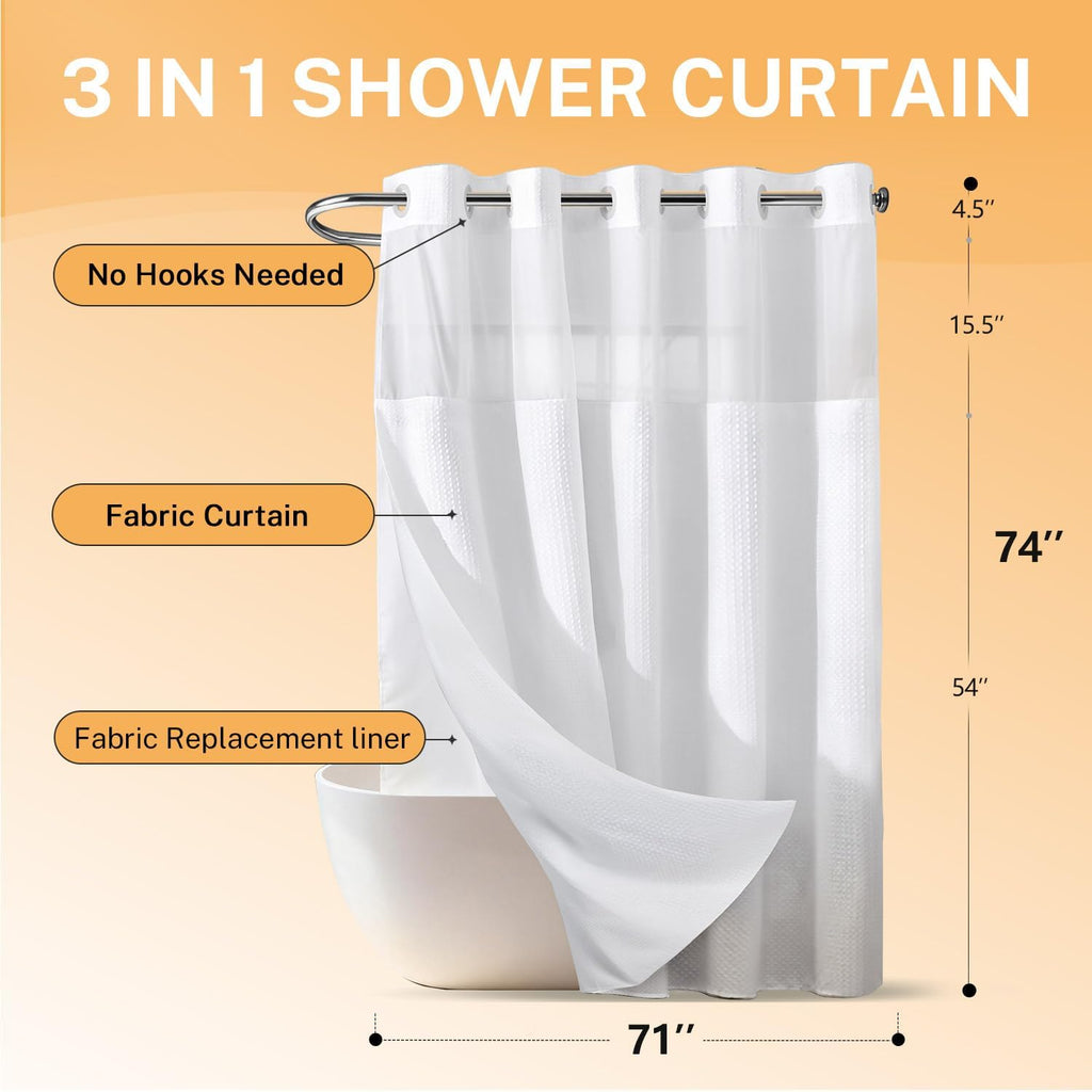 No Hooks Shower Curtain with 2 Snap in Liner, White, 71Wx74H | Waffle Weave, 1 Attached Snap in Liner and 1 Extra