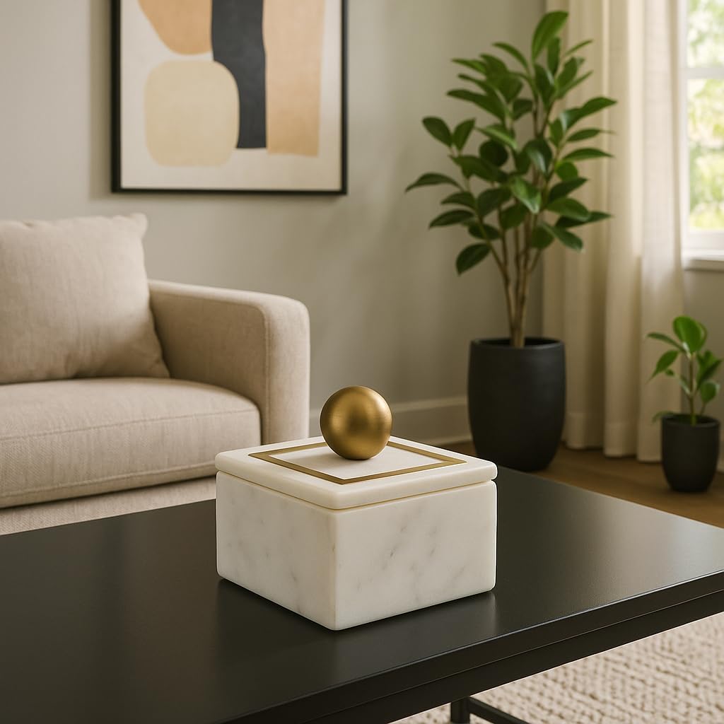 Minimalist Decorative Box Decor - Marble Keepsake Box with Brass Inlay & Lid - Ideal Jewelry Box and Modern Home