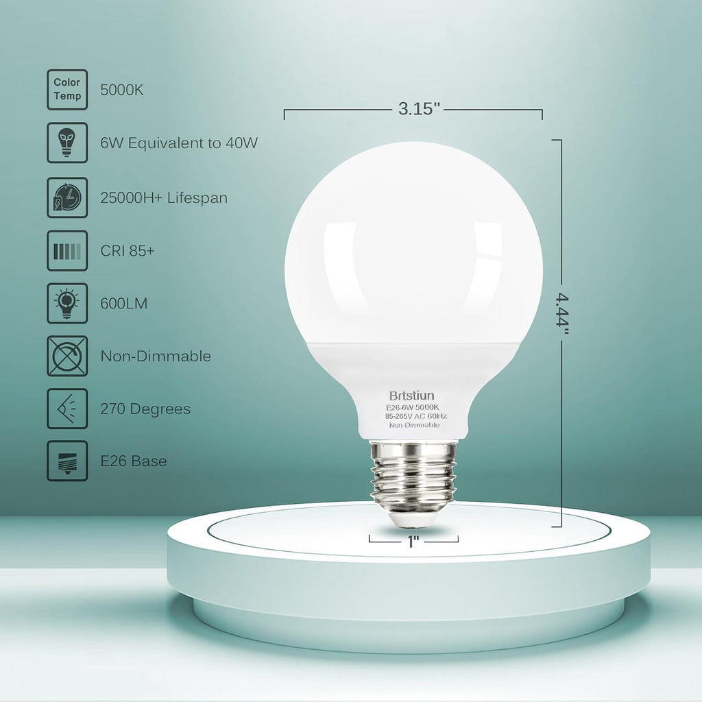 G25 LED Light Bulb, Round Vanity Light Bulbs for Bathroom, 40W LED Equivalent, Daylight White 5000K, Globe Light (4-Pack)