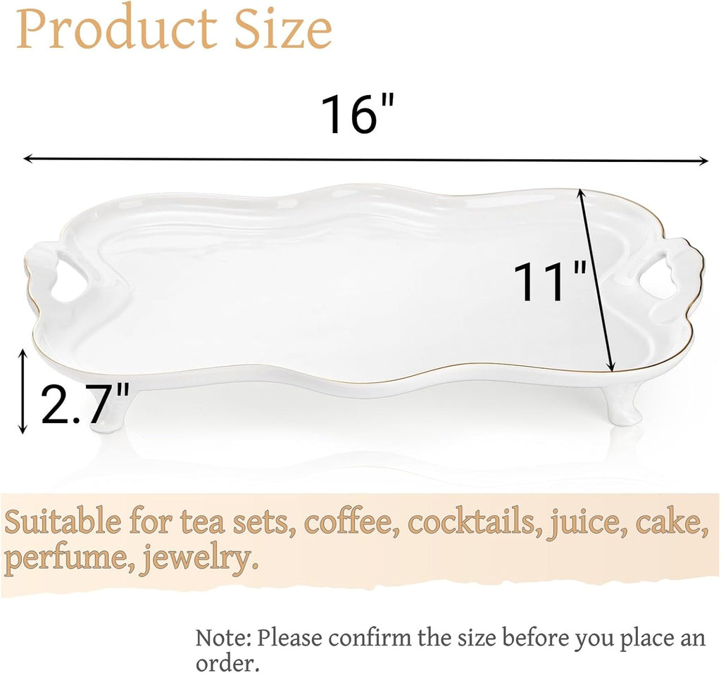 16" Large Ceramic Serving Tray with Handles, Footed Rectangular Coffee Table Tray with Gold Rim, Vintage Decorative