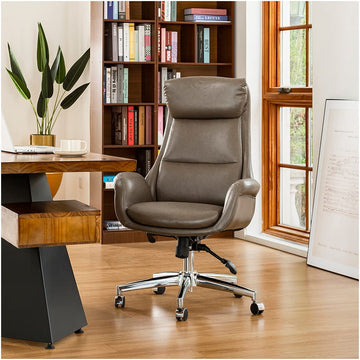 Mid-Century Modern Leatherette Adjustable Swivel High Back Office Chair Brownish Grey