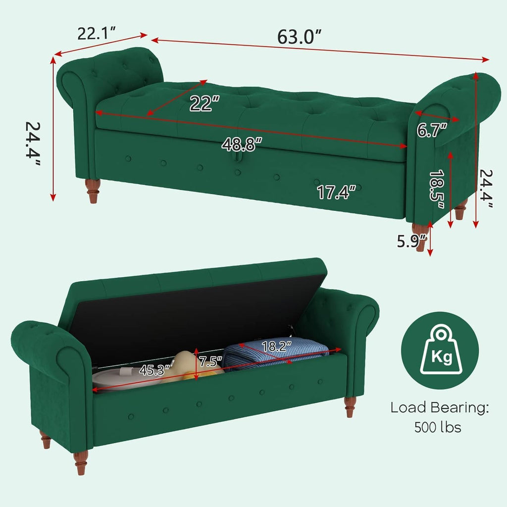 63'' Storage Ottoman Bench Tufted Entryway Bench Dark Green Velvet | Button Tufted End of Bed, Rolled Armed Ottoman