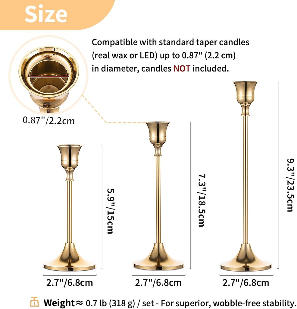2 Sets(6 Pcs) Brass Gold Metal Taper Candle Holders Candlestick Holders, Vintage Modern Decorative Centerpiece