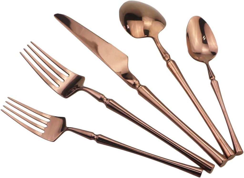 20-Piece Copper Flatware Set 304 Stainless Steel Fork Spoon Cutlery Luxury Mirror Polished Silverware, Dishwasher Safe