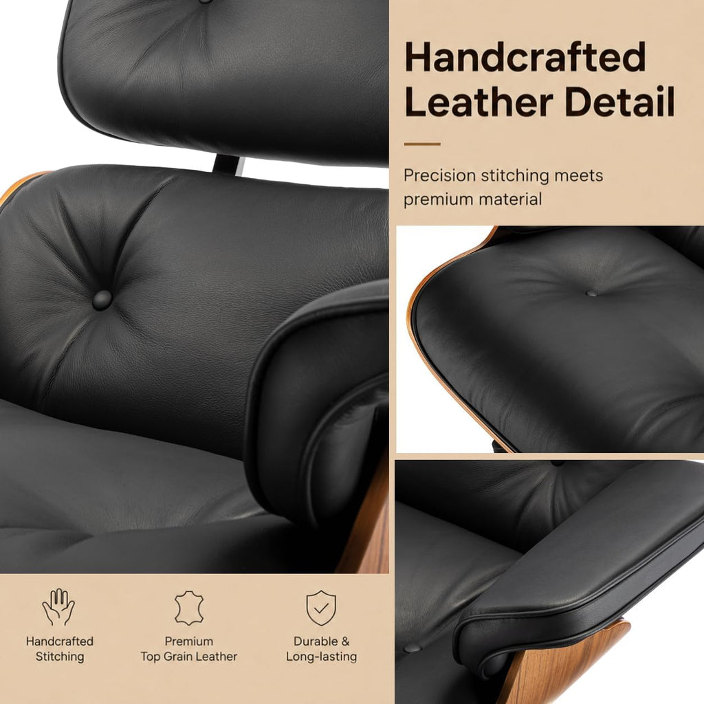 Modern Reading Chair and Ottoman — Walnut Leather